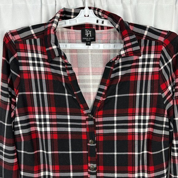 Derek Heart Plus Size Plaid Button-Down Tunic Dress 1X Black Red Long Sleeve - Picture 2 of 6